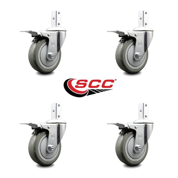 4 Inch Gray Poly Wheel Swivel 3/4 Inch Square Stem Caster Set Total Lock Brake